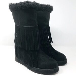 Madden Girl womans Black ankle wedged boots 7.5M BoxÑ Sleet fringe